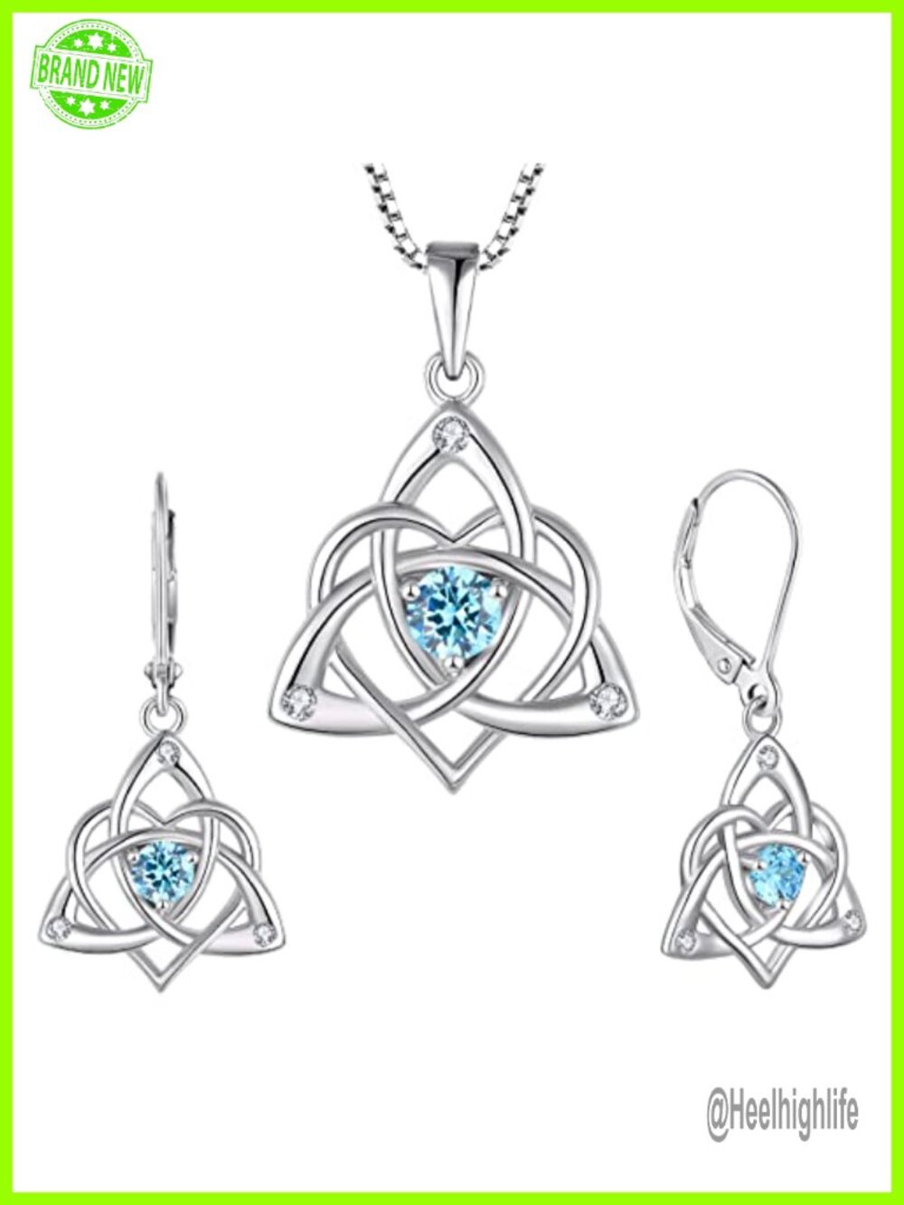 Celtic Knot Necklace Earrings 925 Sterling Silver 18k White Gold Plated Set